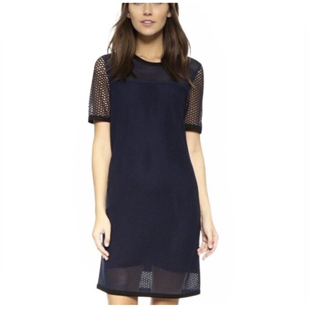 Rag and Bone Luna Navy Blue Mesh Fishnet Silk Dress Zip‎ Up Short Sleeve Sz-S